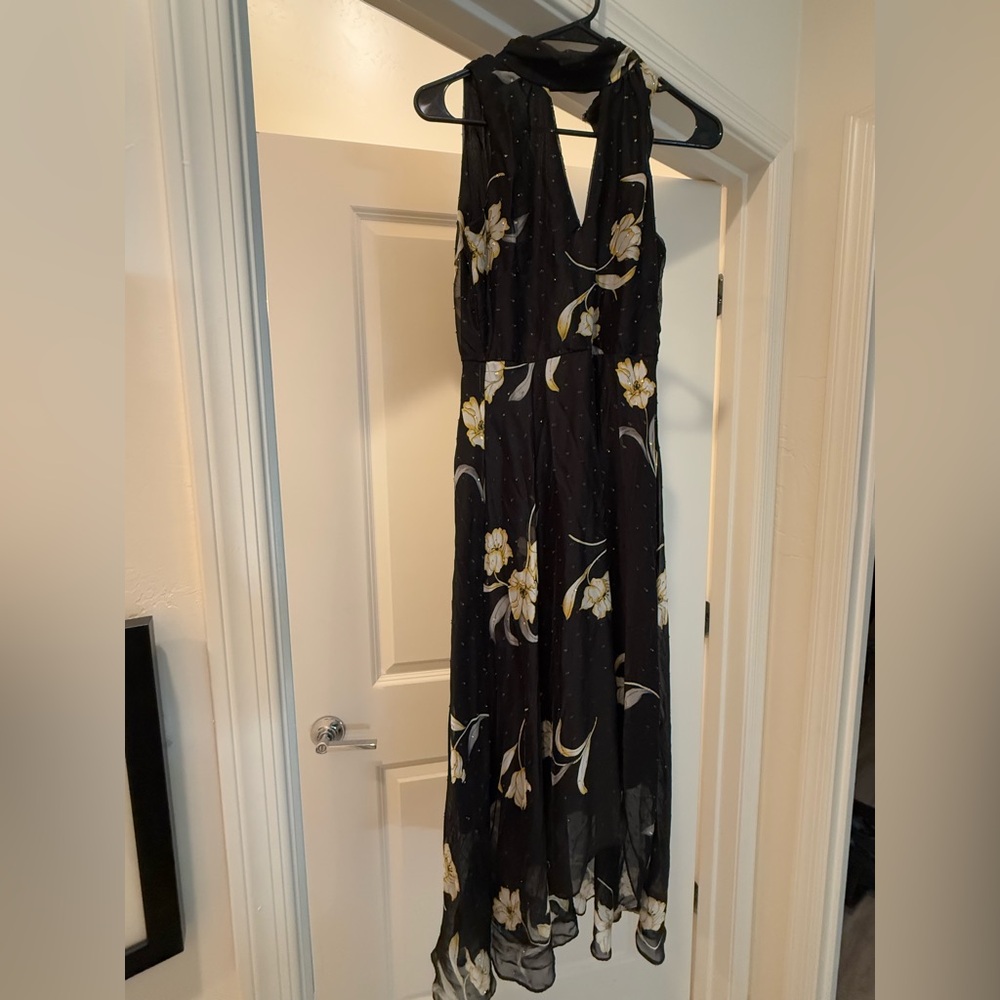 White House Black Market Black and Cream Floral High Low Dress
